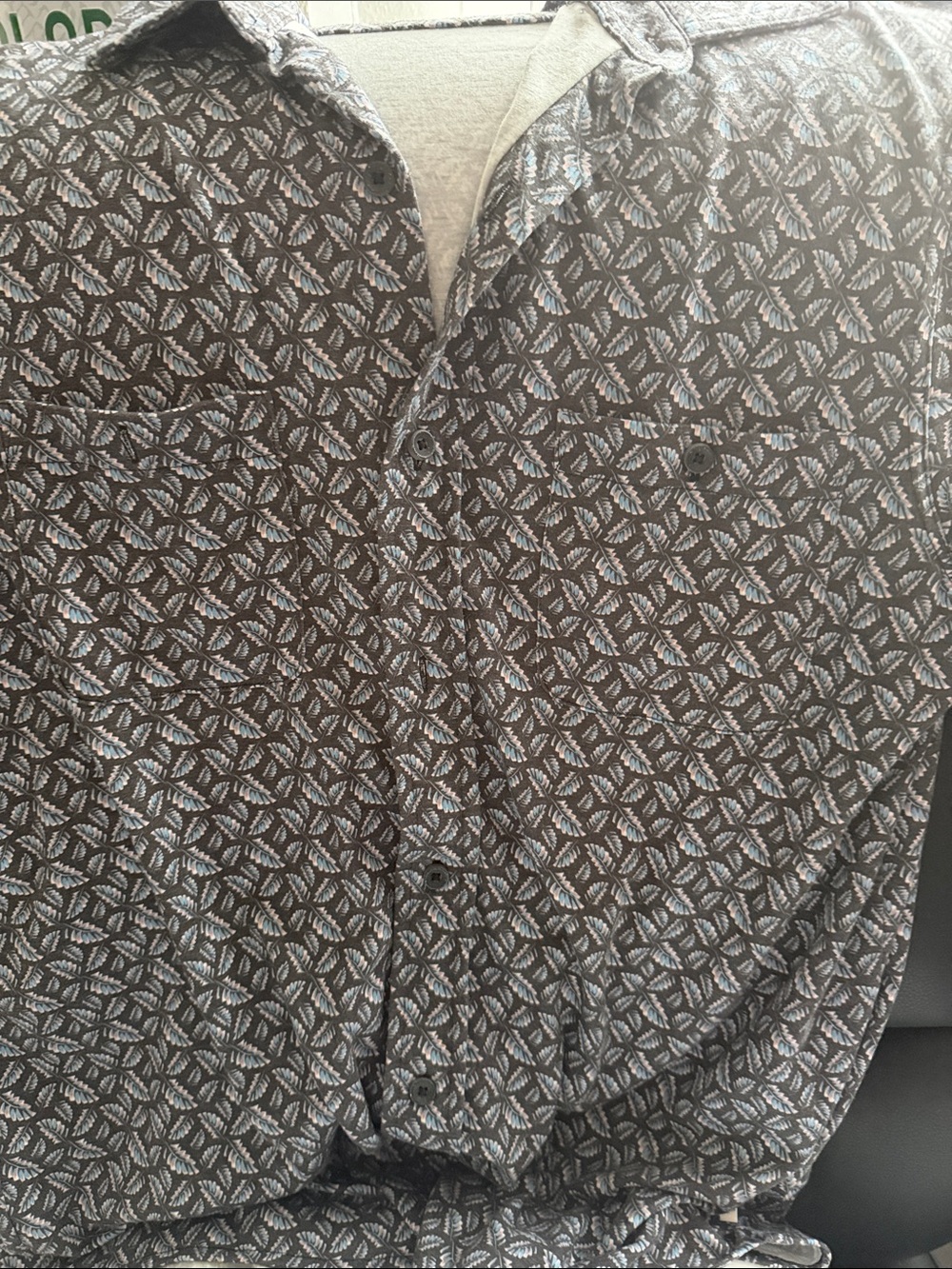 Leaf-Print Button-Up Shirt in Brown and Light Blue